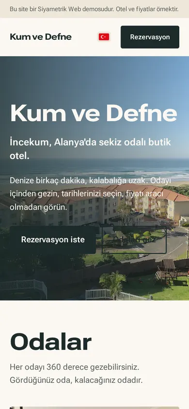 Butik otel sitesinin mobil ana sayfası