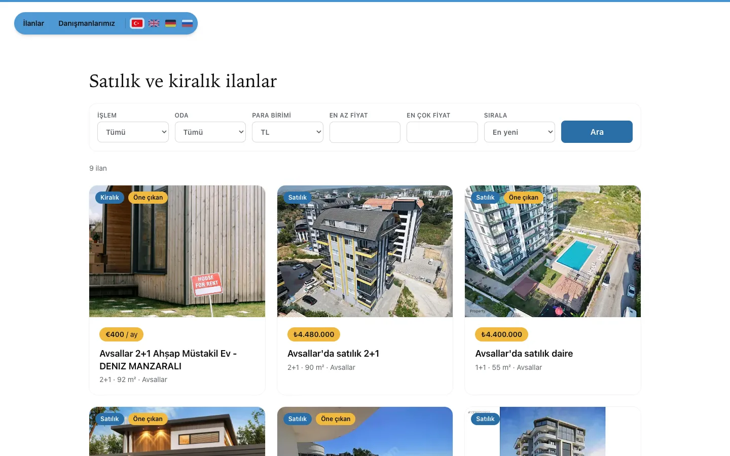 Türkçe ilan listesi ve filtreler