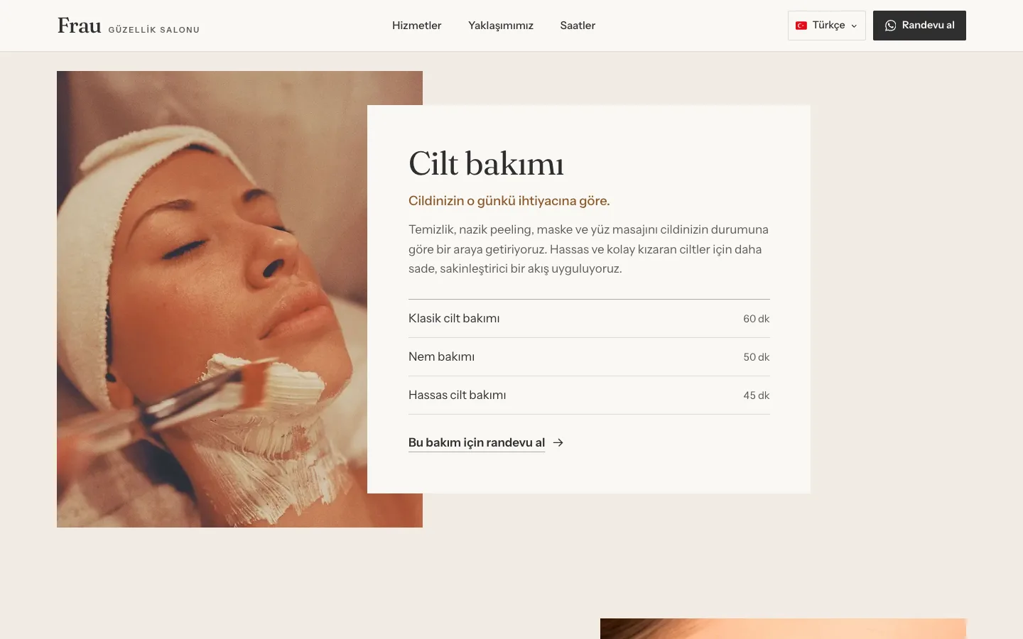 Güzellik salonunda bakım hizmetleri ve işlem süreleri