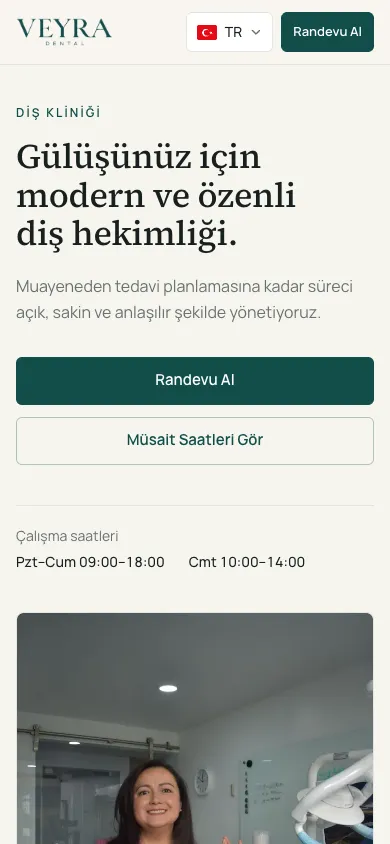 Diş kliniği sitesinin mobil ana sayfası